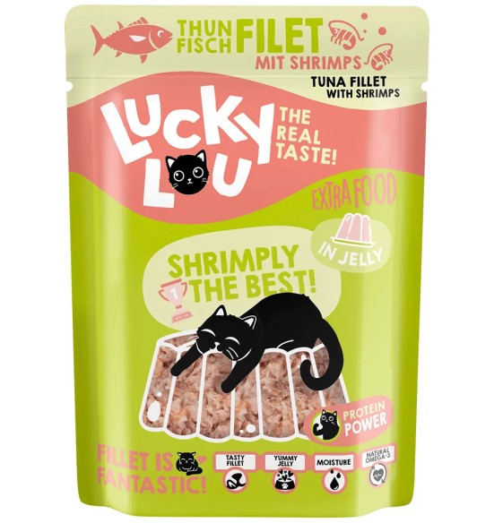 Беззерновой корм для кошек в пакетике Lucky Lou Extra Food, филе тунца и креветки в желе