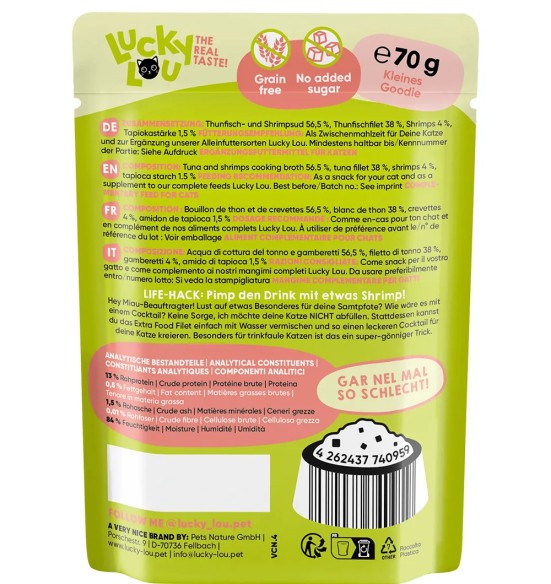 Беззерновой корм для кошек в пакетике Lucky Lou Extra Food, филе тунца и креветки в желе