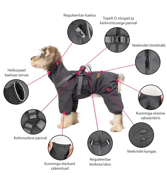 Дождевик для собак с вшитой шлейкой, с длинными штанинами, красный (VPETBR-R60)