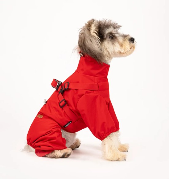 Дождевик для собак с вшитой шлейкой, с длинными штанинами, красный (VPETBR-R60)
