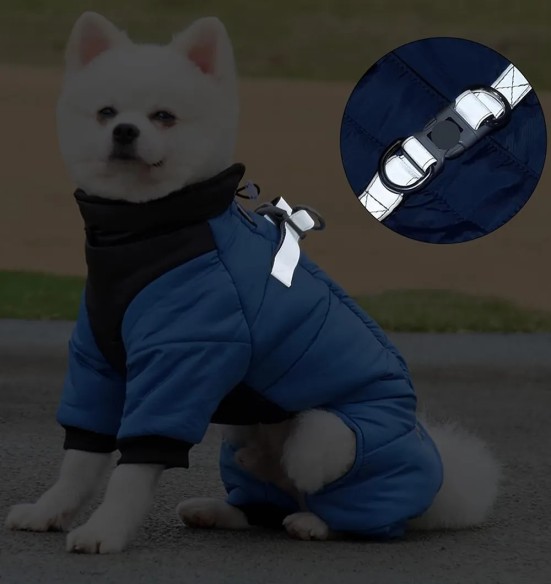 Куртка зимняя для собак с короткой шлейкой, длинные штанины, сине-черная (VPETBR-D83)
