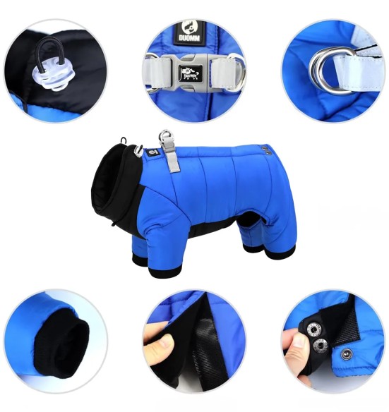 Куртка зимняя для собак с короткой шлейкой, длинные штанины, сине-черная (VPETBR-D83)