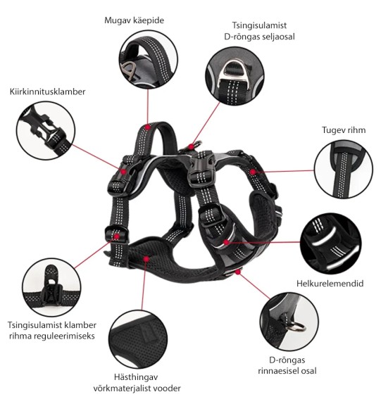 Tirimisvastased traksid koerale, pehmendusega, must (VPETBR-H1)