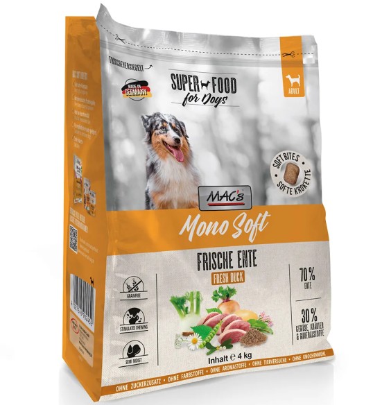 Корм для собак MAC's Mono SOFT из свежего мяса утки, полувлажный, беззерновой (Semi-Moist)