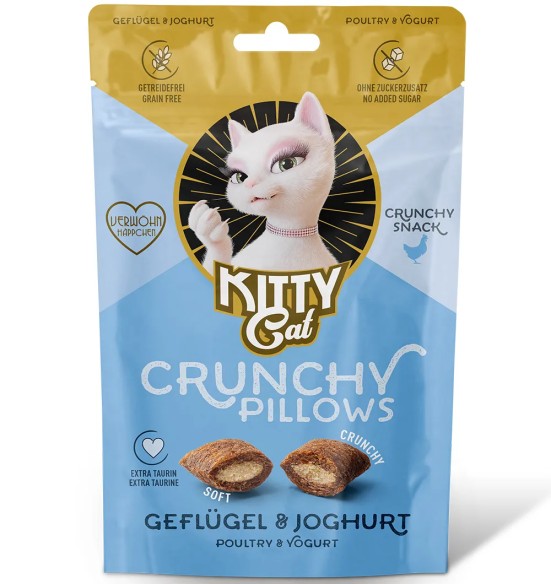 Вкусняшки для кошек KITTY Cat хрустящие и мягкие подушечки с начинкой из домашней птицы и йогурта