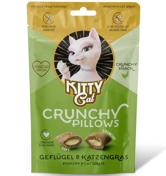 Вкусняшки для кошек KITTY Cat хрустящие и мягкие подушечки с начинкой из домашней птицы и кошачьей травы