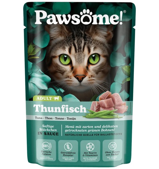 Pawsome! einekotike kassidele, tuunikala tükid kastmes, teraviljavaba kassikonserv