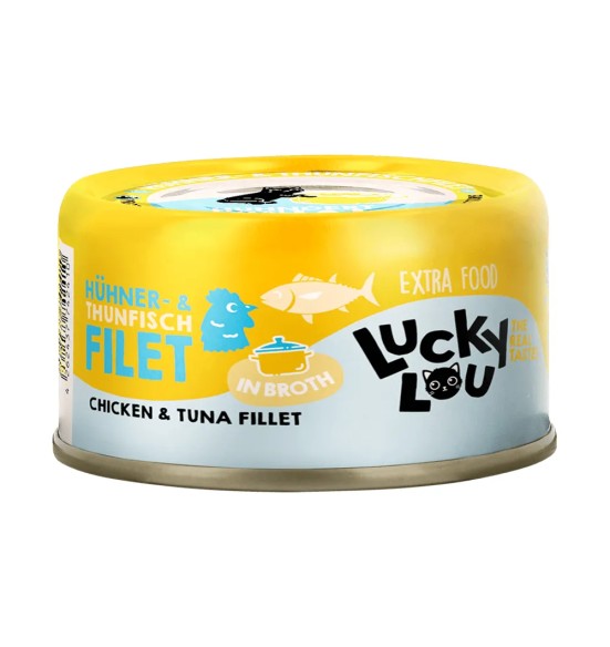 Lucky Lou Extra Food kana- ja tuunifilee puljongis, konserv kassile 70 g