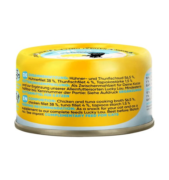 Lucky Lou Extra Food kana- ja tuunifilee puljongis, konserv kassile 70 g