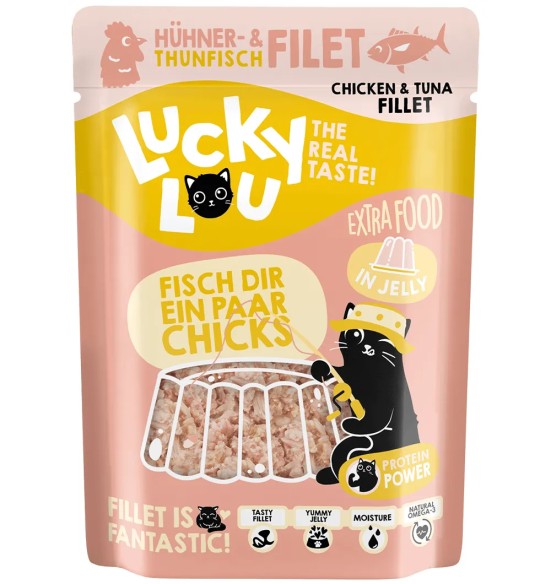 Lucky Lou Extra Food tuunikala ja kanafilee tarrendis, teraviljavaba kassieine kotikeses