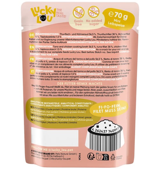 Lucky Lou Extra Food tuunikala ja kanafilee tarrendis, teraviljavaba kassieine kotikeses