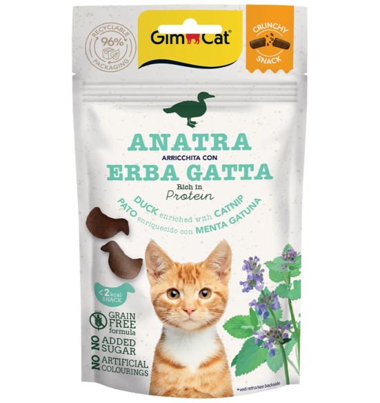 Лакомство хрустящее для кошек, мясо утки с кошачьей мятой, беззерновое Crunchy Snack (GimCat)