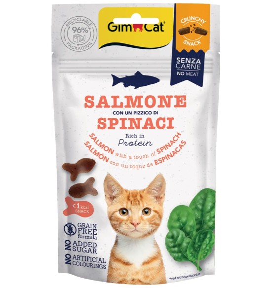 Лакомства Crunchy Snack для кошек, лосось со шпинатом, беззерновое (GimCat)