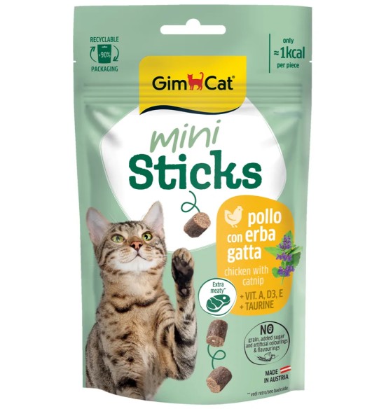 Вкусняшки беззерновые Mini Sticks для кошек, с курицей и кошачьей мятой (GimCat)