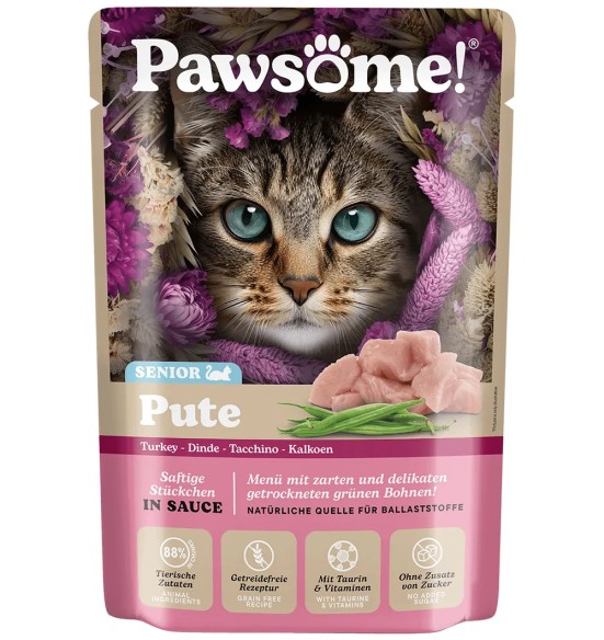Корм для пожилых кошек Pawsome! в пакетиках, кусочки мяса индейки в соусе, беззерновой