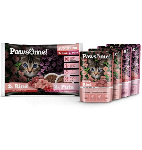 Pawsome! einekotikesed kassipoegadele, MIX neljane pakk (2 x veis, 2 x kalkun)