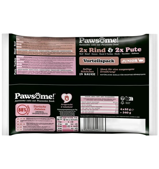 Pawsome! einekotikesed kassipoegadele, MIX neljane pakk (2 x veis, 2 x kalkun)