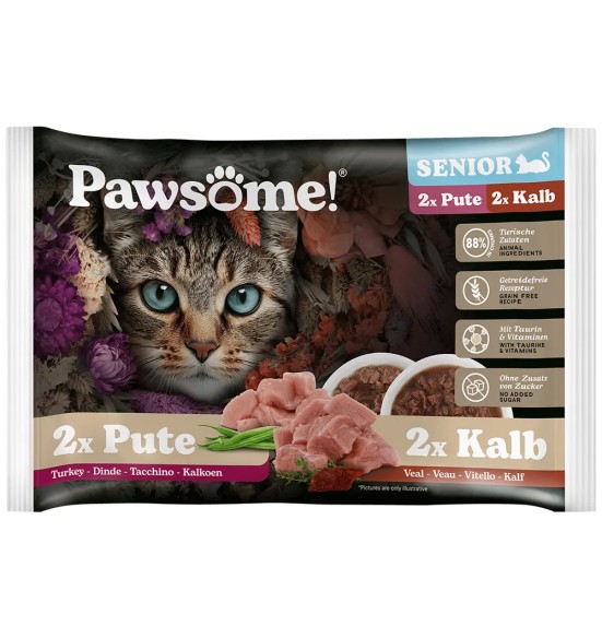 Pawsome! einekotikesed Senior kassidele, MIX neljane pakk (2 x vasikas, 2 x kalkun)