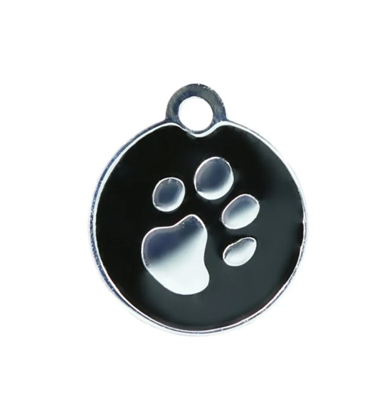 Кулон с гравировкой для собаки, круглый с отпечатком лапы, черный / серебристый (Elegance)