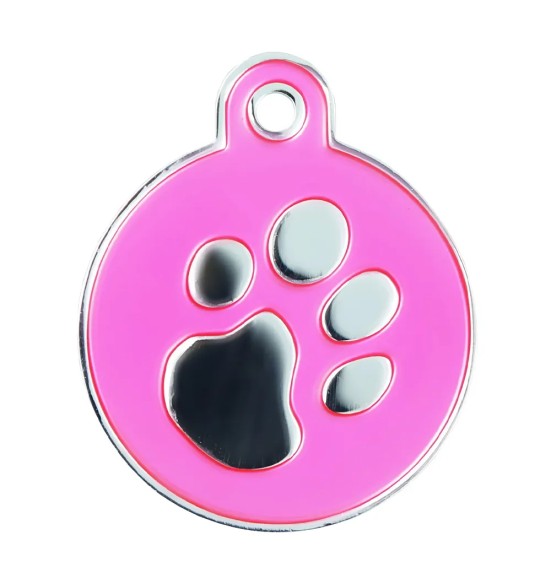 Кулон с гравировкой для собаки, круглый с отпечатком лапы, розовый / серебристый (Elegance)