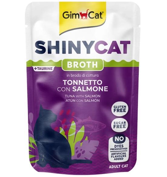ShinyCat kassikonserv, tuun ja lõhe rohkes kalapuljongis, einekotikeses (GimCat)