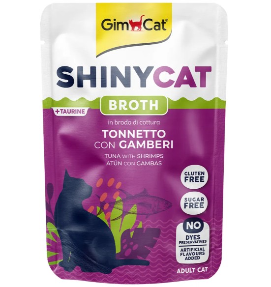 ShinyCat kassikonserv, tuun ja krevetid rohkes kalapuljongis, einekotikeses (GimCat)
