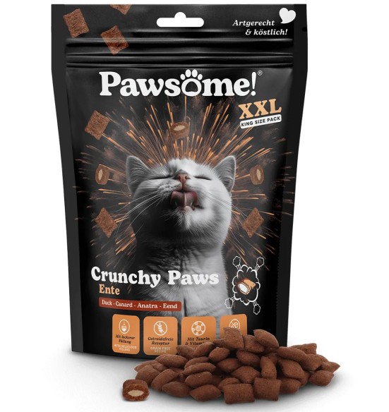 Pawsome! Crunchy Paws лакомство для кошек с начинкой, хрустящие подушечки с уткой