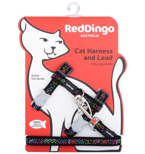 Шлейка и поводок для кошек, с вытканным дизайнерским узором Squiggles Black (Red Dingo)