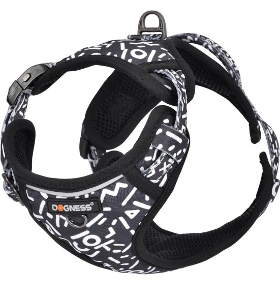 Шлейка для собак с мягкой подкладкой, чёрная с белыми буквами Black Letters (Dogness Elegant Printing)