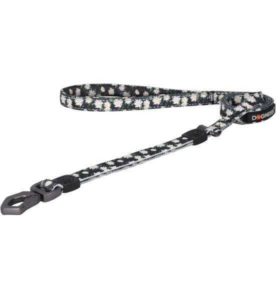 Поводок для собак амортизирующий, чёрный с ромашками Black Daisy (Dogness Elegant Printing)