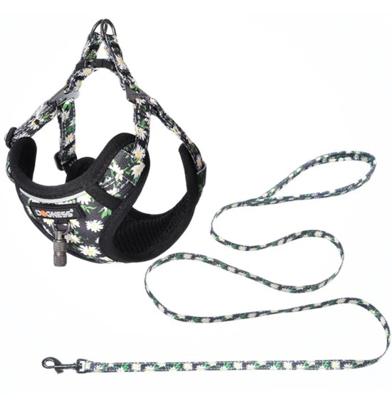 Текстильный поводок и шлейка для маленьких собак или кошек, чёрный с ромашками Black Daisy (Dogness Little Rascal)