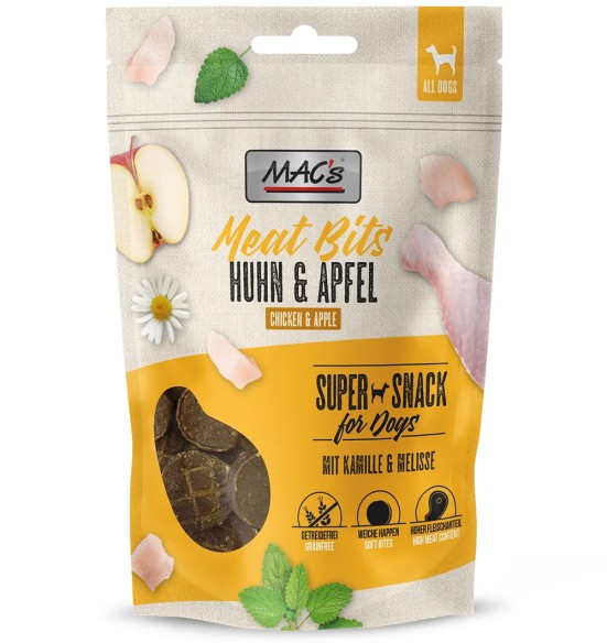 Лакомство для собак с курицей и яблоками, мягкое, беззерновое Mac's Meat Bits