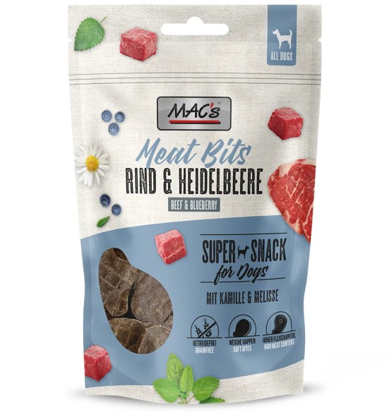 Лакомство для собак с говядиной и черникой, мягкое, беззерновое Mac's Meat Bits