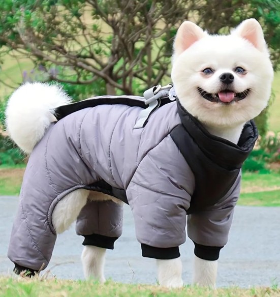 Куртка зимняя для собак с короткой шлейкой, длинные штанины, серо-черная (VPETBR-D83)