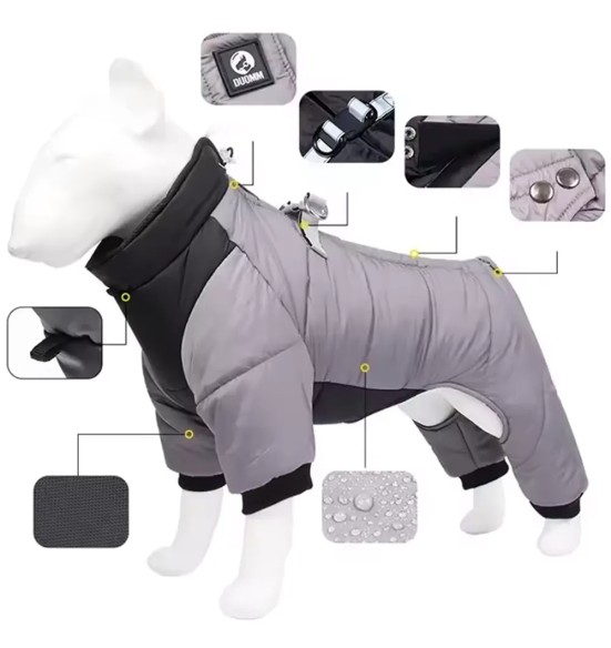 Куртка зимняя для собак с короткой шлейкой, длинные штанины, серо-черная (VPETBR-D83)