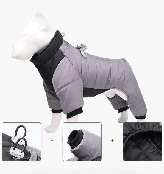 Куртка зимняя для собак с короткой шлейкой, длинные штанины, серо-черная (VPETBR-D83)