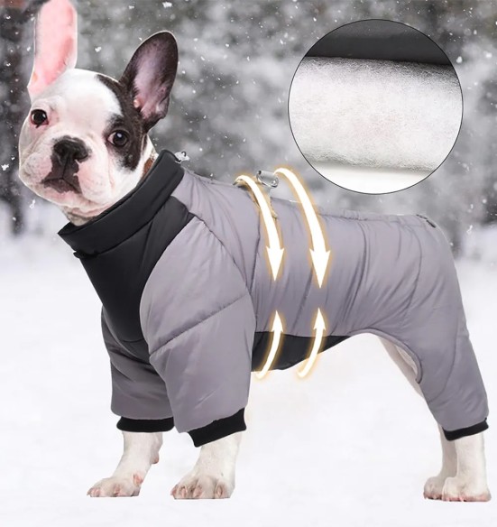 Куртка зимняя для собак с короткой шлейкой, длинные штанины, серо-черная (VPETBR-D83)