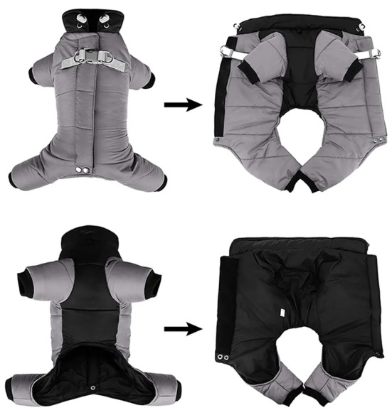 Куртка зимняя для собак с короткой шлейкой, длинные штанины, серо-черная (VPETBR-D83)