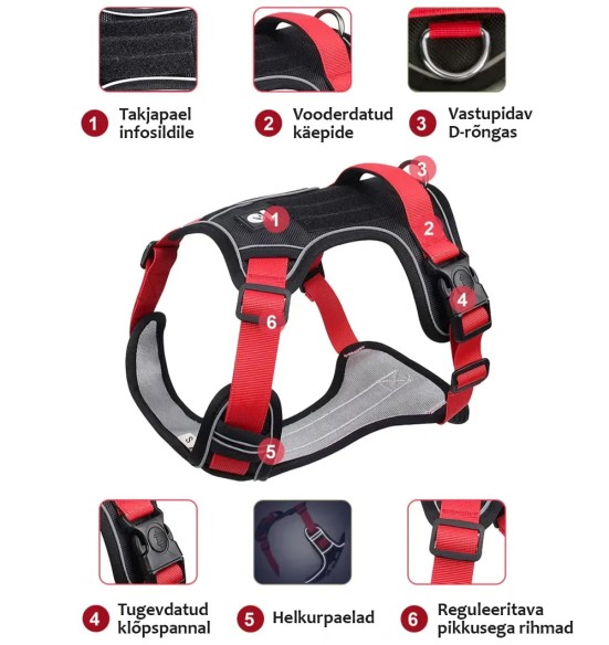 Tugevad traksid koerale, pehmendusega, must-punane (VPETBR-H3)