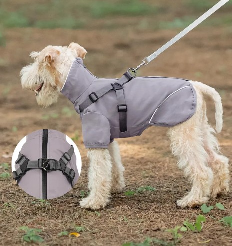 Дождевик для собак с вшитой шлейкой, серый...