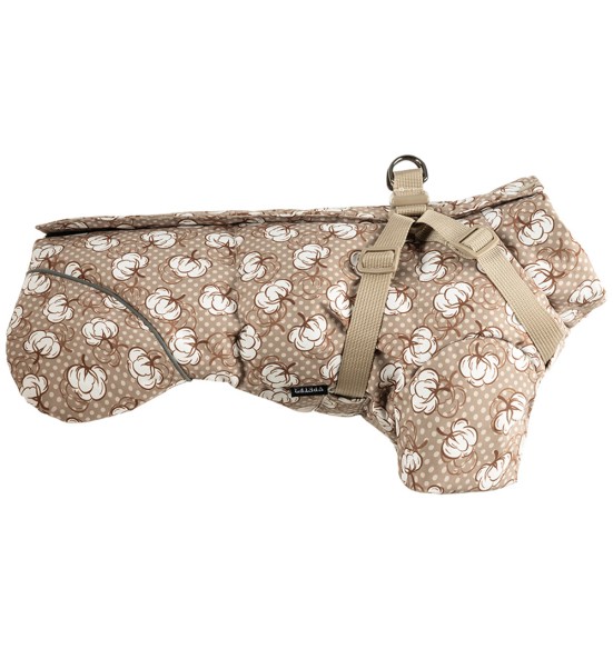 Зимняя куртка для собак с шлейкой, бежевая - с белыми хлопковыми цветами (VPETBR-D100)