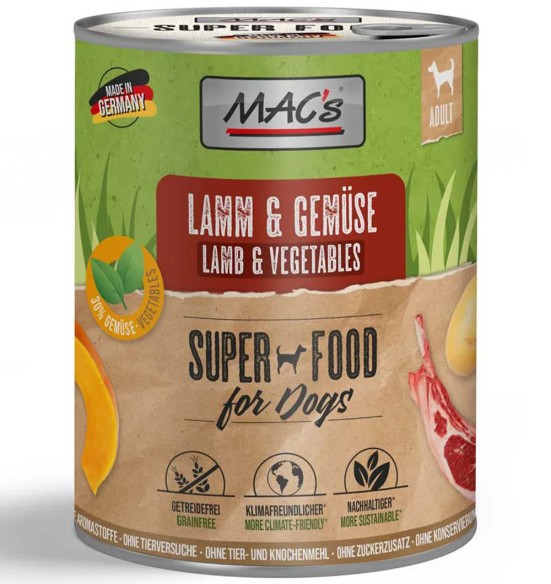 MAC's konserv koerale LAMBALIHA (69%) ja KÖÖGIVILJADEGA teraviljavaba (Superfood MAC's Beef & Vegetables)
