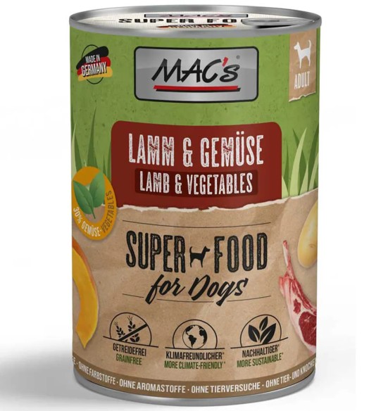 MAC's konserv koerale LAMBALIHA (69%) ja KÖÖGIVILJADEGA teraviljavaba (Superfood MAC's Beef & Vegetables)