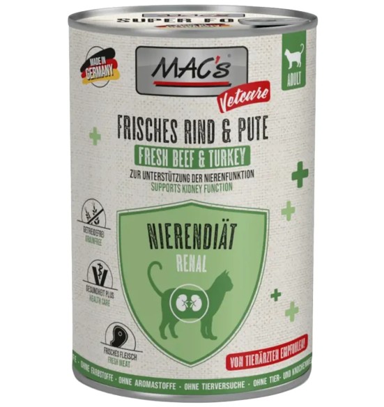 MAC's Vetcare RENAL со свежей говядиной и индейкой, консервы для кошек, поддерживающие функцию почек