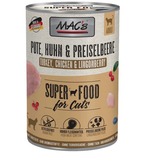MAC's konserv kassile KALKUNI-, KANALIHA ja POHLADEGA teraviljavaba (Superfood MAC's Cat Turkey, Chicken & Lingonberry)