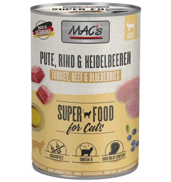 MAC`s консервы для кошек ИНДЕЙКА, ГОВЯДИНА И ЧЕРНИКА (Superfood MACs Cat Turkey & Blueberries)
