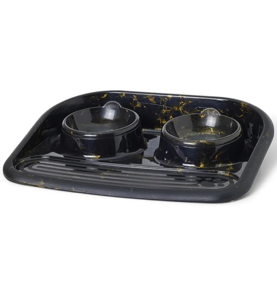 Savic Butler Marble двойная миска на подставке, чёрно-золотистая