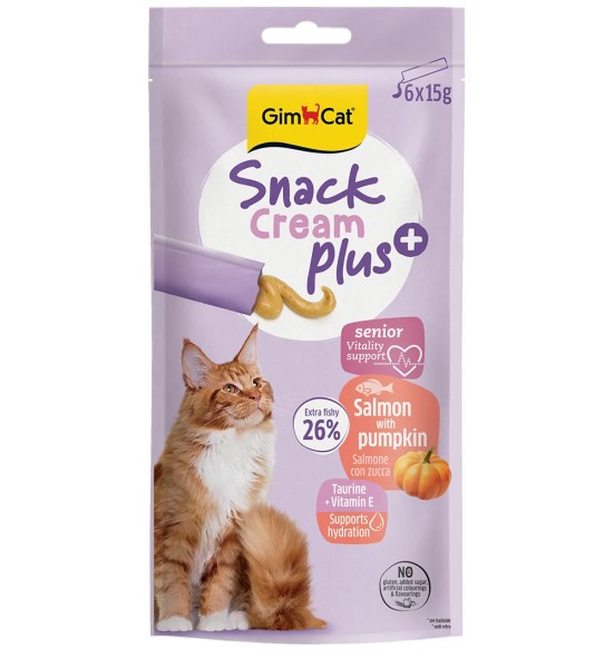 GimCat Snack Cream Plus kreemjas maius, eakale kassile, lõhega, 6 x 15 g kotikest