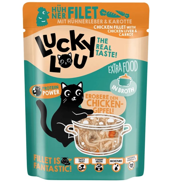 Lucky Lou Extra Food kanafilee kanamaksa ja porgandiga puljongis, teraviljavaba kassieine kotikeses