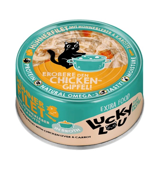 Корм для кошек консервированный Lucky Lou Extra Food куриное филе с куриной печенью и морковью в бульоне, 70 г